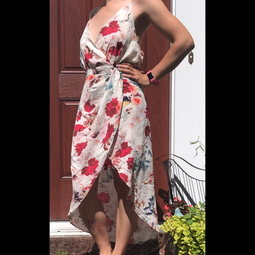 Floral Side-slit Dress With Deep Surplice Neckline